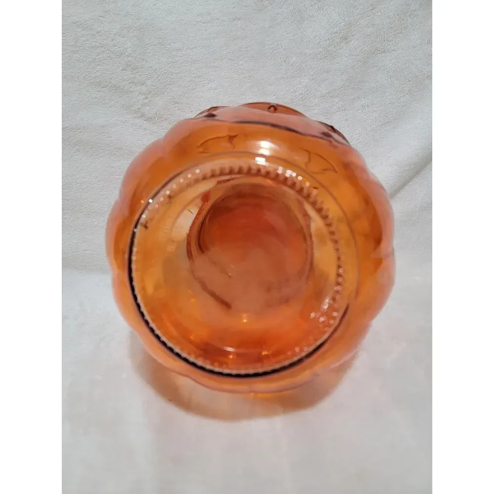 Vintage Halloween Orange Glass Pumpkin Candy Jar Canister w/Lid 7 1/2”